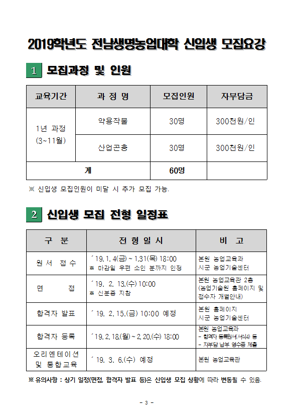 2019학년도 전남생명농업대학 교육운영 