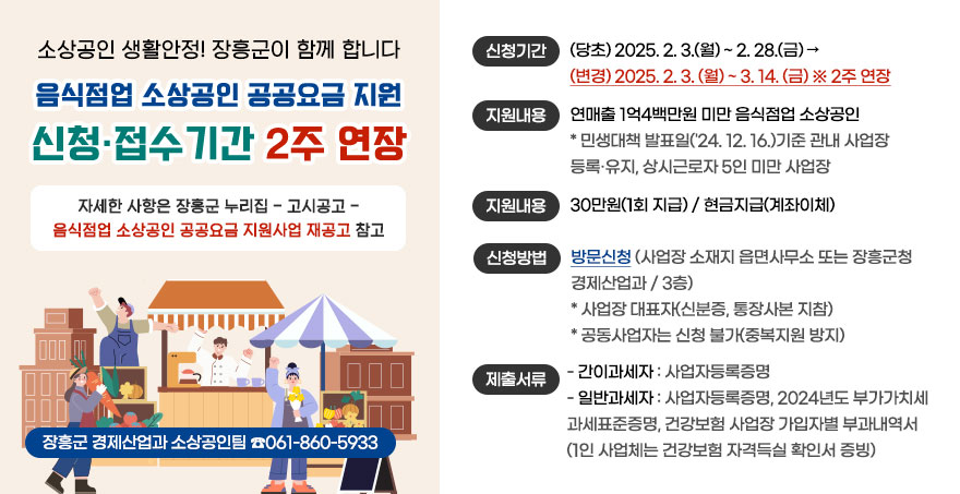 소상공인 생활안정! 장흥군이 함께 합니다 음식점업 소상공인 공공요금 지원 신청·접수기간 2주 연장 신청기간 :(당초) 2025. 2. 3.(월) ~ 2. 28.(금) → (변경) 2025. 2. 3. (월) ~ 3. 14. (금) ※ 2주 연장 지원대상 : 연매출 1억4백만원 미만 음식점업 소상공인 ＊ 민생대책 발표일('24. 12. 16.)기준 관내 사업장 등록·유지, 상시근로자 5인 미만 사업장 지원내용 : 30만원(1회 지급) / 현금지급(계좌이체) 신청방법 : 방문신청 - 사업장 소재지 읍면사무소 또는 장흥군청 경제산업과(3층) * 사업장 대표자(신분증, 통장사본 지참) * 공동사업자는 신청 불가(중복지원 방지) 제출서류 - 간이과세자 : 사업자등록증명 - 일반과세자 : 사업자등록증명, 2024년도 부가가치세 과세표준증명, 건강보험 사업장 가입자별 부과내역서(1인 사업체는 건강보험 자격득실 확인서 증빙) ※ 자세한 사항은 장흥군 누리집 - 고시공고 - '음식점업 소상공인 공공요금 지원사업 재공고' 참고 ※ 장흥군 경제산업과 소상공인팀(☎061-860-5933)