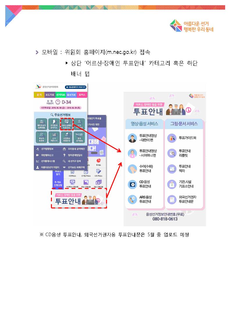 모바일:위원회 홈페이지(m.nec.go.kr)접속 → 상단에 어르신·장애인 투표안내 카테고리 혹은 하단에 어르신 장애인 등을 위한 투표안내 배너 탭, ※CD음성 투표안내, 외국선거권자용 투표안내문은 5월중 업로드 예정